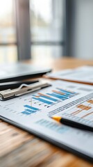 Poster - Close-up of financial charts and graphs with a pencil and clipboard on a desk. Business analysis and financial strategy concept. Ideal for corporate planning and data review