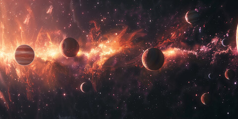 Wall Mural - fantasy landscape of multiple planets in space, cosmic background with stars and nebulae,