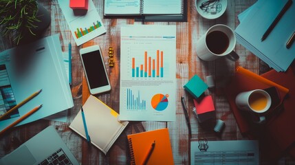 Aufkleber - Top view of a cluttered desk with financial charts, graphs, and various office supplies. Business analysis and planning concept. Perfect for depicting a busy and dynamic work environment