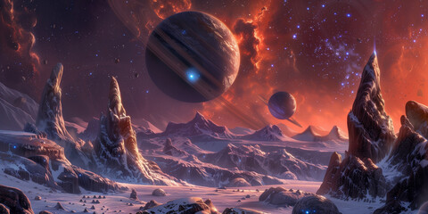 Wall Mural - three planets in space, one large planet has rings around it, another small planet next to the large