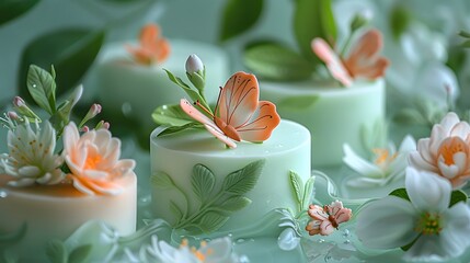 a platter of mint green decorated mochis, beauty of nature,  lush leaves, tiny butterflies 