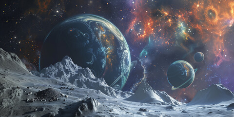 Wall Mural - three planets in the sky, a blue planet on the left side, an orange and red universe behind it
