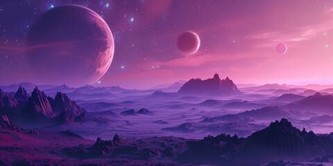 Wall Mural - vibrant digital art of an alien landscape with three moons, a nebula in the sky, and distant mountai