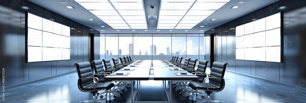 Modern conference room with a long table and leather chairs in a high ...