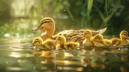 Canvas Print - A mother duck is swimming with her group of ducklings