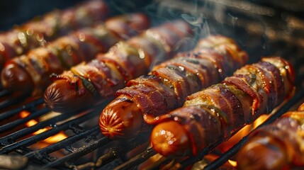 gourmet baconwrapped hot dogs sizzling on grill closeup view smoky atmosphere juicy texture artisanal buns nearby