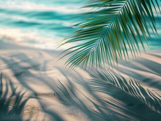 Landscape seascape summer vacation holiday travel tropical ocean sea background panorama - Close up of palm tree leaves on the sand beach, illuminated by the sun