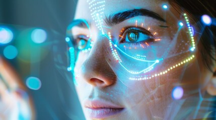 Aufkleber - A close-up image of a womans face, illuminated by a vibrant digital interface. The womans expression is focused and engaged, suggesting interaction with the technology.