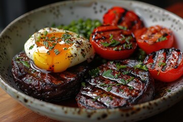 Wall Mural - A bowl of black pudding, sliced and served with a poached egg and grilled tomatoes.