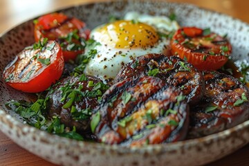 Wall Mural - A bowl of black pudding, sliced and served with a poached egg and grilled tomatoes.