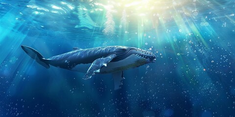 whale swimming underwater underwater marine life with bubbles and sunlight in blue deep waters, wide banner of marine life with copy space. Generative ai