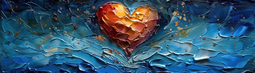Vibrant abstract painting depicting a musical heart in blue hues