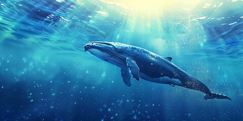 Wall Mural - whale swimming underwater underwater marine life with bubbles and sunlight in blue deep waters, wide banner of marine life with copy space. Generative ai