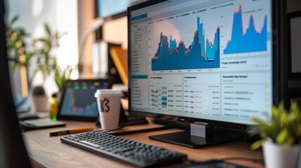 Poster - Computer monitor showing detailed financial data charts on a desk with coffee. Professional financial analysis and business strategy