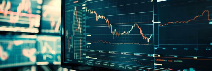 Poster - Multiple monitors displaying financial charts in a trading office. Advanced financial analysis and stock market strategy