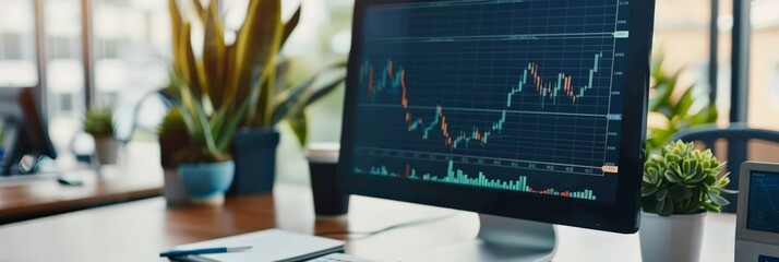 Fototapete - Office desk with computer monitor displaying financial charts and green plants. Professional workspace and business strategy