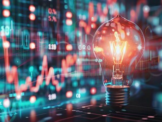 Poster - double exposure of light bulb and data chart- concept energy cost
