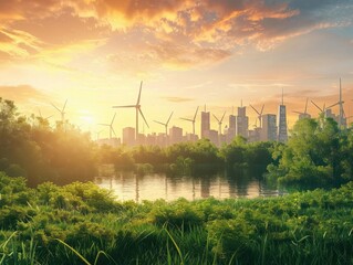 Green city with renewable sustainable energy solution technology concept. Panorama background nature scene with turbine, modern building urban with fresh sky background in beautiful sunset backlight.