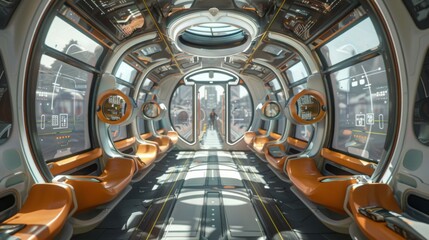 Poster - The interior of a futuristic train with orange seats and large windows offering a view of a bustling city outside. The sleek, modern design creates a sense of anticipation and speed.