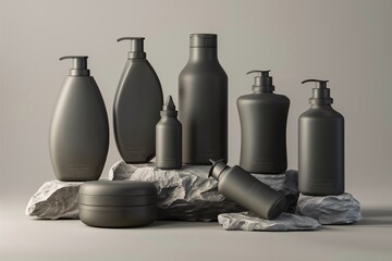 Wall Mural - Matte black cosmetic bottles and containers on stone slabs