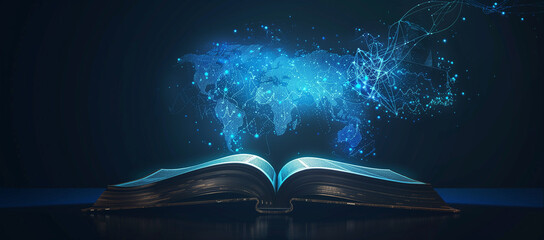 A digital book with a glowing blue holographic world map emerging from it,