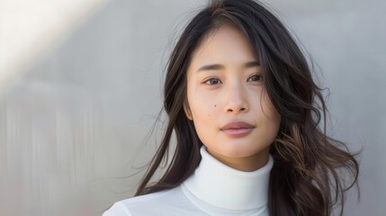 elegant portrait of a young asian woman with flowing dark hair her white turtleneck blouse creates a striking contrast emphasizing her serene expression and natural beauty in soft flattering light