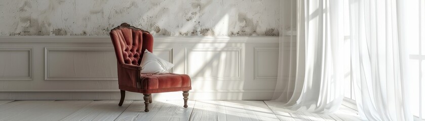 Wall Mural - Vintage armchair against white wall and big window with curtain Space