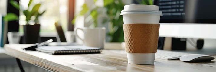 Aufkleber - Coffee cup with a sleeve on a wooden office desk with potted plants and computer in the background. Concept of productivity and workspace comfort