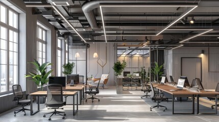 Poster - Modern open office space with large windows and greenery, featuring multiple workstations and a clean, organized environment. Concept of productivity and collaboration