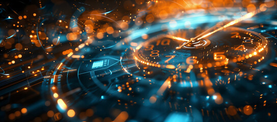 Poster - Abstract digital background with futuristic time clock and glowing lights, symbolizing speed in data technology