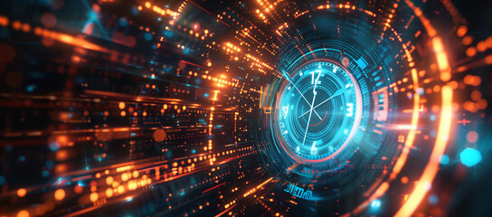 Poster - Abstract digital background with futuristic time clock and glowing lights, symbolizing speed in data technology