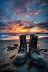 Wall Mural - Vintage military boots on normandy beach