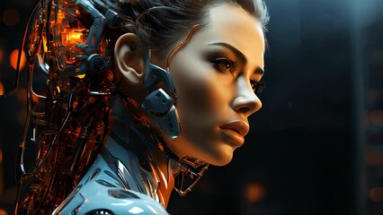 Poster - Connection of human woman and artificial intelligence robot. The concept of merging a person and a computer with neural networks in the future