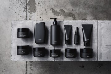 Wall Mural - Black skincare and grooming products on concrete surface