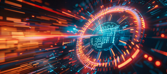 Poster - Abstract futuristic speed time background with digital clock and data flow hologram, cyber technology concept.