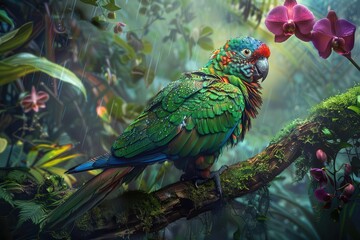 Wall Mural - exotic parrot with iridescent plumage perched on a mosscovered branch raindrops glistening on vibrant feathers surrounded by lush tropical foliage and delicate orchid blooms