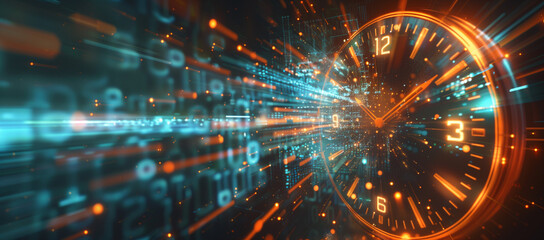 Poster - Abstract futuristic speed time background with digital clock and data flow hologram, cyber technology concept.