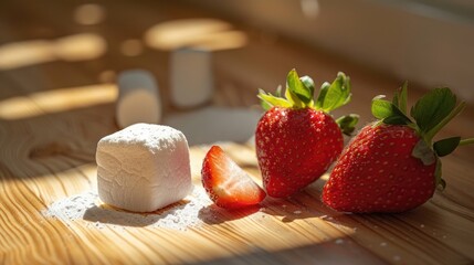 Sticker - Sunlit marshmallow and strawberry on a wood backdrop A summer treat