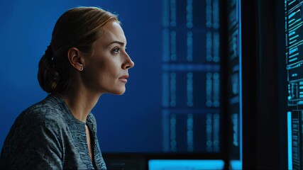 Poster - A woman is looking at a computer screen with a blue background