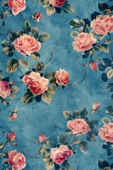 Wall Mural - vintage roses on a blue background