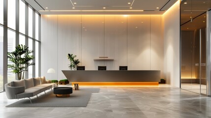 Aufkleber - Spacious office lobby with a large reception desk and modern furnishings. Ideal for corporate and professional settings