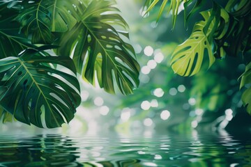 Wall Mural - Serene tropical scene  green monstera and palm leaves afloat on shimmering water