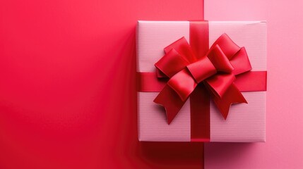 Canvas Print - Bright and festive gift box with red bow on pink and red backdrop