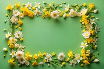 Wall Mural - A frame made of yellow and white flowers on a green background