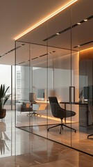 Poster - Bright and modern office space with large windows and greenery. Perfect for productive work environments and business settings