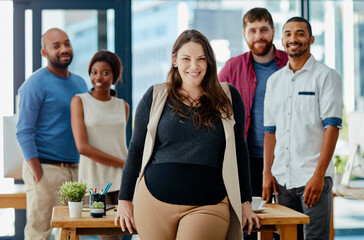 Wall Mural - Portrait, woman and leadership in office for project, management and business development. Diversity, teamwork and happiness together in conference room for collaboration and international company