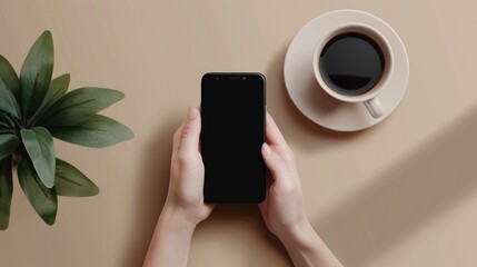 Poster - Mockup of woman s hands using black mobile phone with coffee cup on table