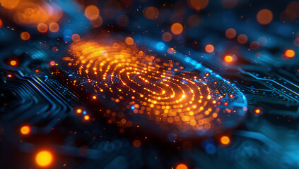 Poster - fergency blue glowing digital identity biometric technology concept, close up of electronic fingerpr