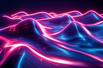 Poster - 3D render, abstract neon waves on a black background. Digital art design with glowing wavy lines in pink and blue colors. Vector illustration