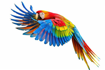 A parrot mid-flight, colorful feathers spread, isolated on white